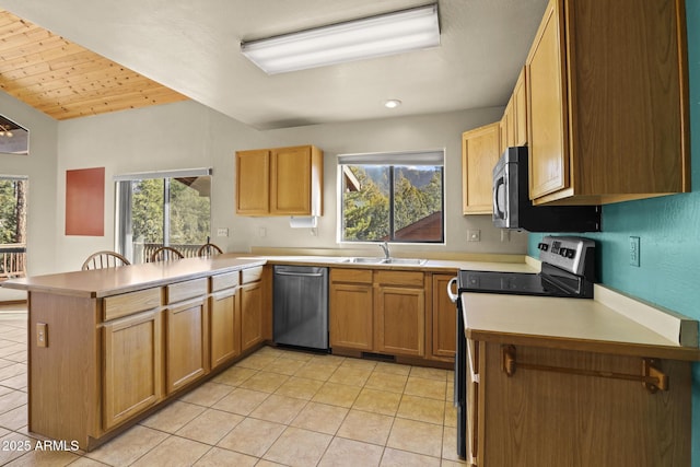 kitchen featuring light tile patterned floors, kitchen peninsula, wooden ceiling, appliances with stainless steel finishes, and sink