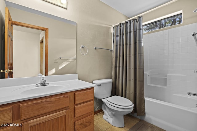 full bathroom with toilet, shower / tub combo, tile patterned floors, and vanity