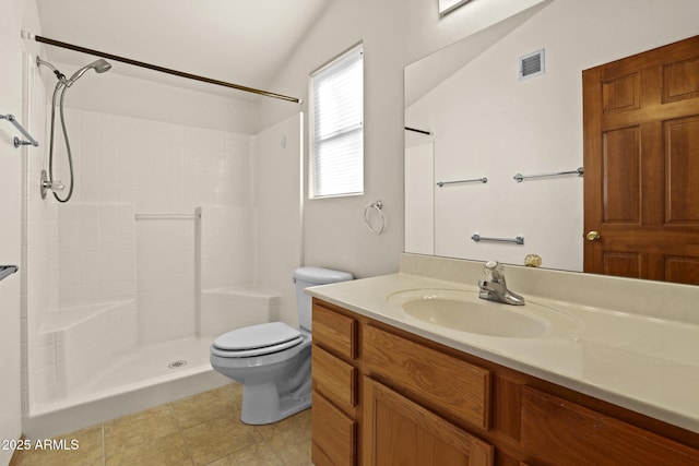 bathroom with toilet, a shower, vaulted ceiling, and vanity