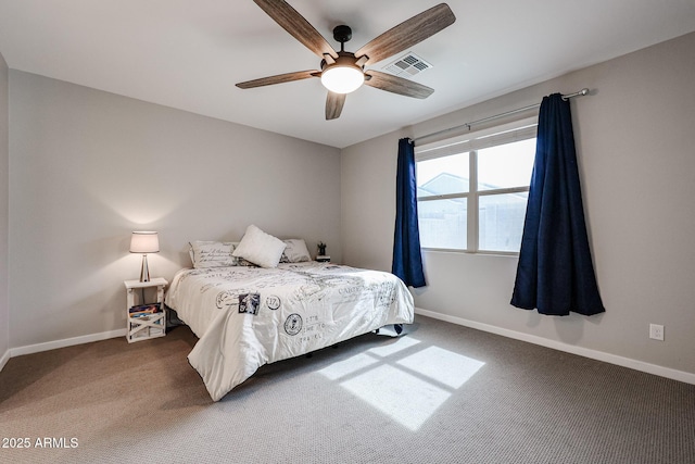 bedroom featuring baseboards, visible vents, ceiling fan, and carpet flooring