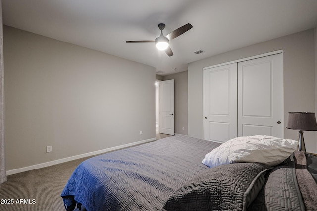 carpeted bedroom featuring a ceiling fan, baseboards, visible vents, and a closet