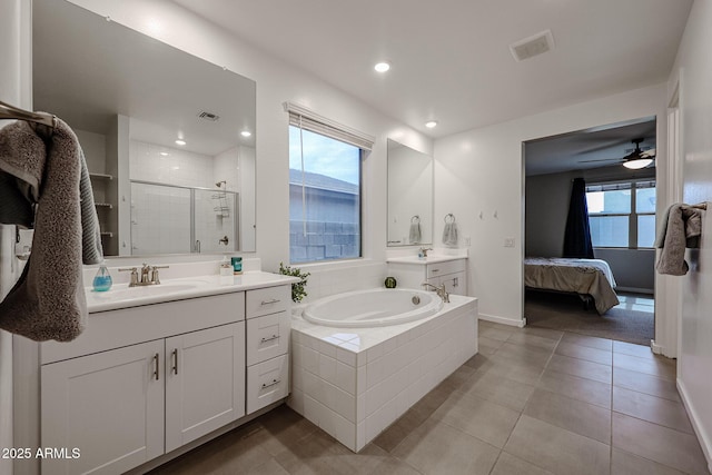 bathroom featuring a shower stall, visible vents, connected bathroom, and vanity