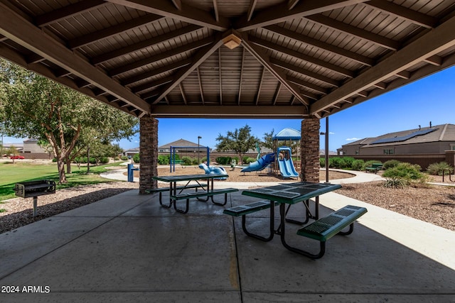 view of patio / terrace with a playground and a gazebo