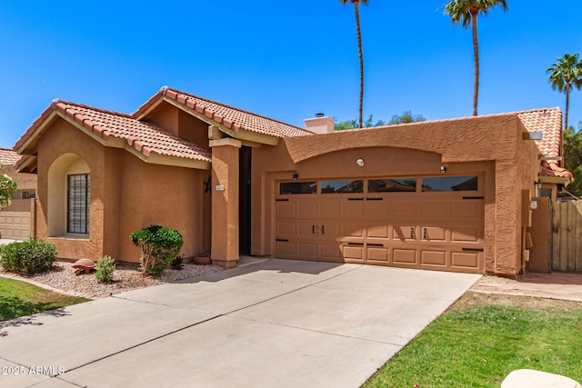 1214 W Sand Dune Dr, Gilbert, AZ 85233 - view of front of property featuring a garage, stucco siding, concrete driveway, a tile roof, and a chimney