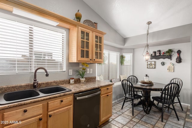 1214 W Sand Dune Dr, Gilbert, AZ 85233 - kitchen featuring dishwashing machine, a sink, lofted ceiling, glass insert cabinets, and light stone finish floors