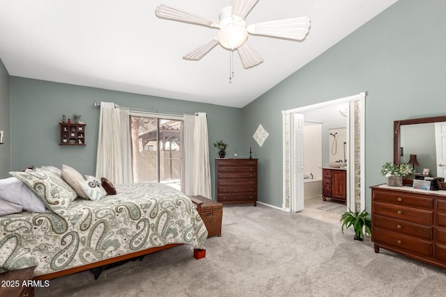 1214 W Sand Dune Dr, Gilbert, AZ 85233 - carpeted bedroom featuring lofted ceiling, access to outside, connected bathroom, baseboards, and a ceiling fan