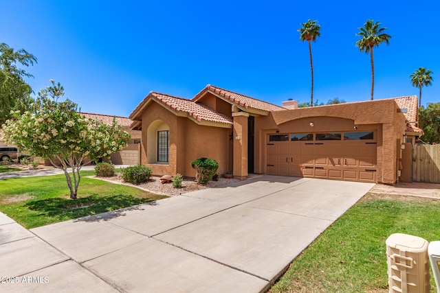 1214 W Sand Dune Dr, Gilbert, AZ 85233 - view of front of house featuring stucco siding, a garage, concrete driveway, a tiled roof, and a chimney