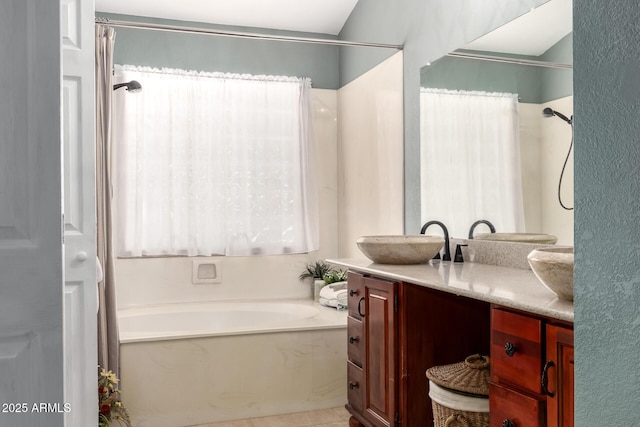 1214 W Sand Dune Dr, Gilbert, AZ 85233 - bathroom featuring vanity, a bath, a shower with curtain, and tile patterned floors