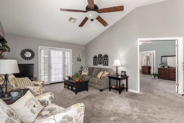 1214 W Sand Dune Dr, Gilbert, AZ 85233 - carpeted living room featuring a ceiling fan, high vaulted ceiling, and baseboards