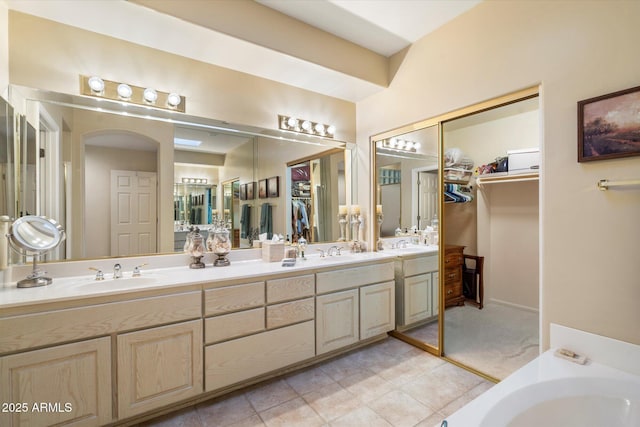 bathroom featuring a spacious closet, double vanity, and a sink