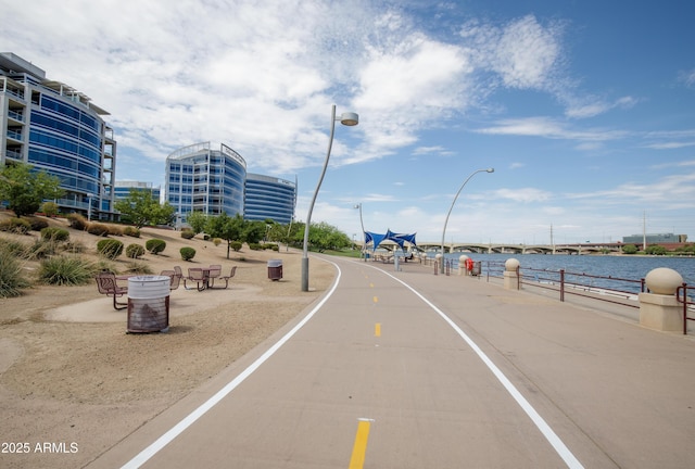 view of road with a water view