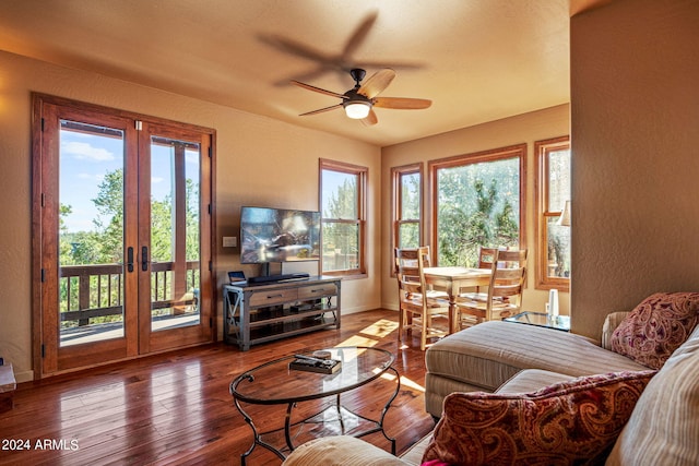 living room featuring french doors, wood-type flooring, plenty of natural light, and ceiling fan