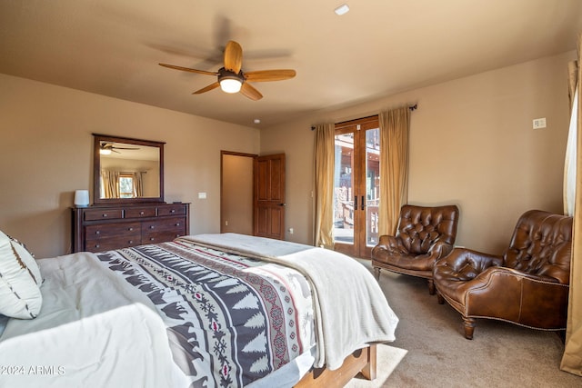 bedroom with light carpet, french doors, access to exterior, and ceiling fan