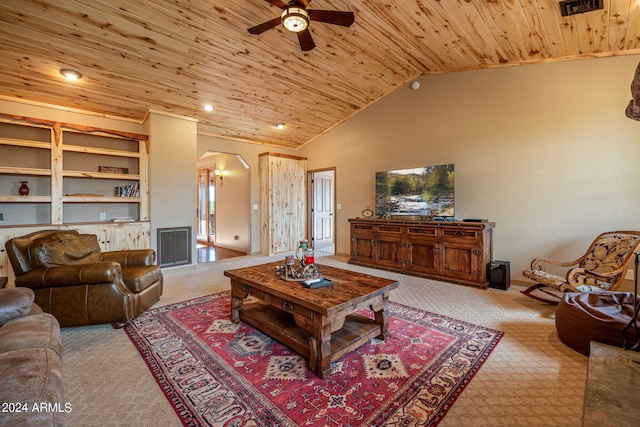 living room featuring wooden ceiling, vaulted ceiling, carpet flooring, built in shelves, and ceiling fan