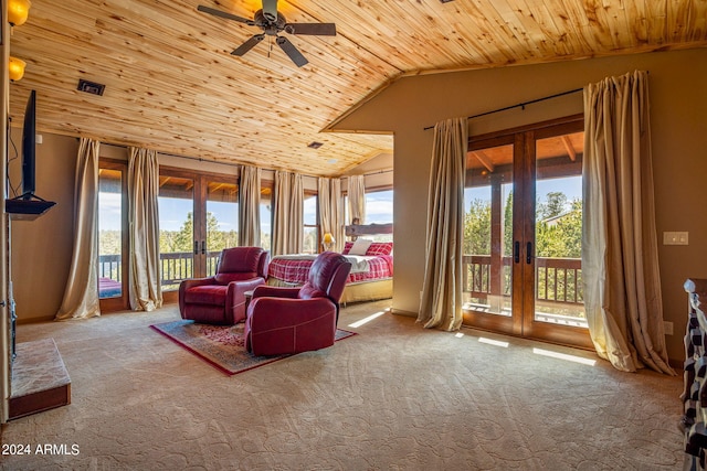 sunroom / solarium with french doors, ceiling fan, wood ceiling, and vaulted ceiling