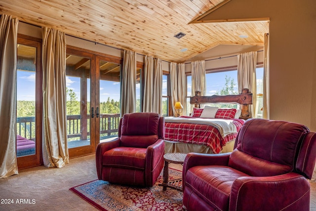 carpeted bedroom featuring wood ceiling, access to outside, multiple windows, and vaulted ceiling