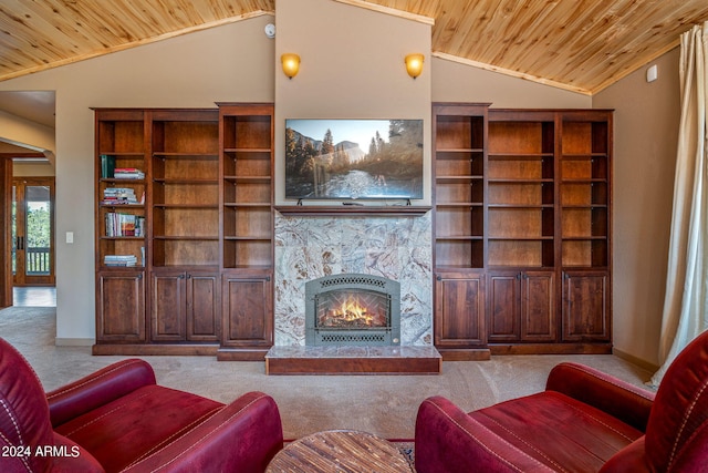 carpeted living room with vaulted ceiling, wood ceiling, and a fireplace