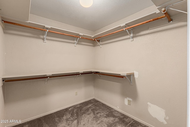 spacious closet featuring dark carpet and built in study area