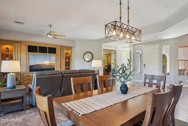 dining space featuring visible vents, a ceiling fan, tile patterned flooring, and recessed lighting