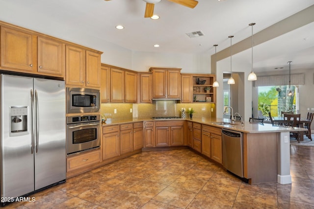 kitchen featuring visible vents, open shelves, a sink, ceiling fan, and appliances with stainless steel finishes