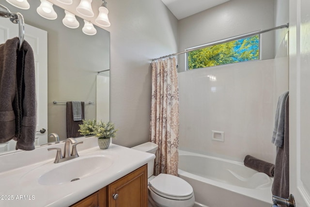 full bathroom with toilet, shower / tub combo, and vanity
