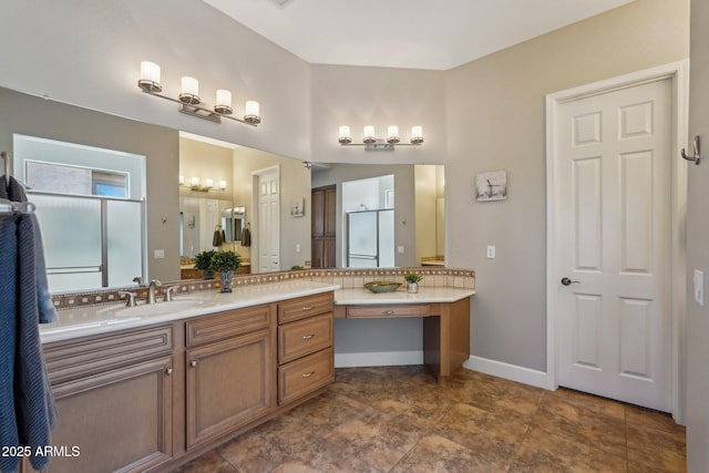 full bathroom with decorative backsplash, vanity, and baseboards