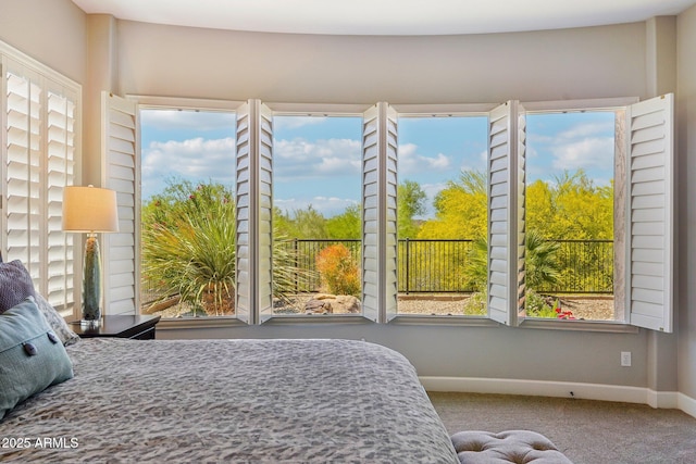 carpeted bedroom featuring baseboards and multiple windows