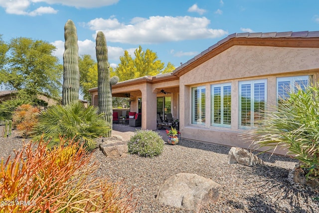 rear view of property with a patio, a tiled roof, stucco siding, and a ceiling fan