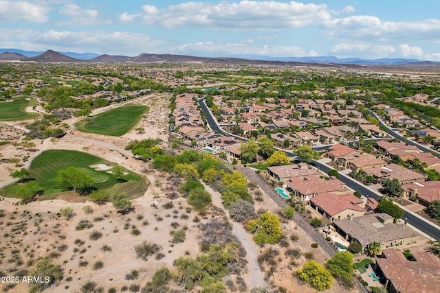 bird's eye view with golf course view, a residential view, and a mountain view
