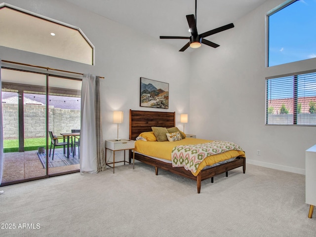 12641 S 39th Pl, Phoenix, AZ 85044 - carpeted bedroom featuring high vaulted ceiling, access to exterior, and a ceiling fan
