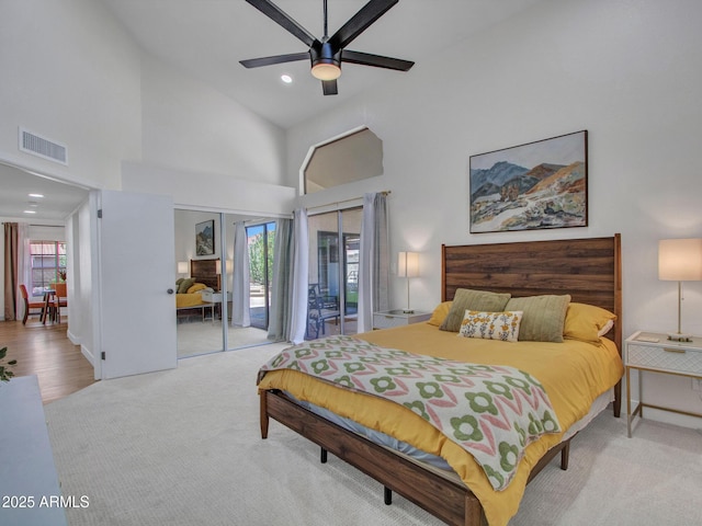 12641 S 39th Pl, Phoenix, AZ 85044 - bedroom with access to outside, high vaulted ceiling, carpet flooring, recessed lighting, and ceiling fan