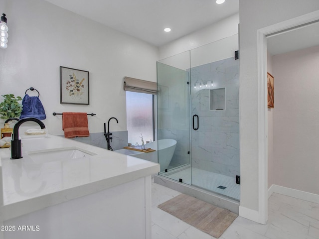 12641 S 39th Pl, Phoenix, AZ 85044 - full bath featuring marble finish floors, a marble finish shower, recessed lighting, vanity, and a soaking tub