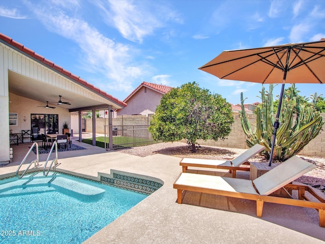 12641 S 39th Pl, Phoenix, AZ 85044 - view of swimming pool with a ceiling fan, a fenced backyard, and a patio area