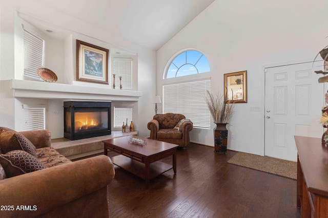 living area featuring a glass covered fireplace, high vaulted ceiling, and dark wood-style flooring