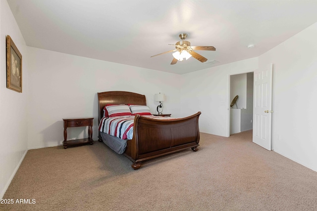 bedroom with visible vents, carpet floors, and ceiling fan