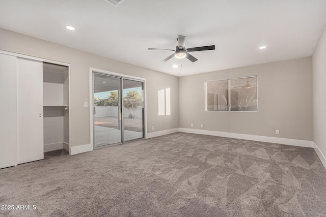 unfurnished bedroom featuring carpet, ceiling fan, and access to exterior