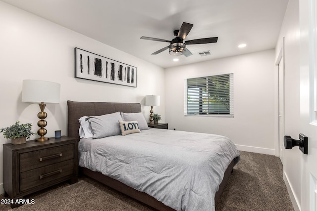 carpeted bedroom featuring ceiling fan