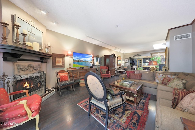 living room with a lit fireplace, wood finished floors, and rail lighting
