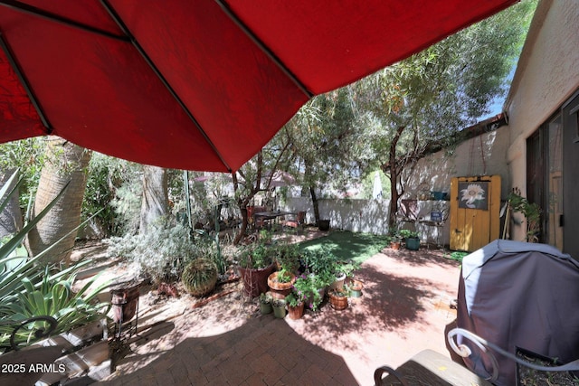 fenced backyard with a patio and a grill