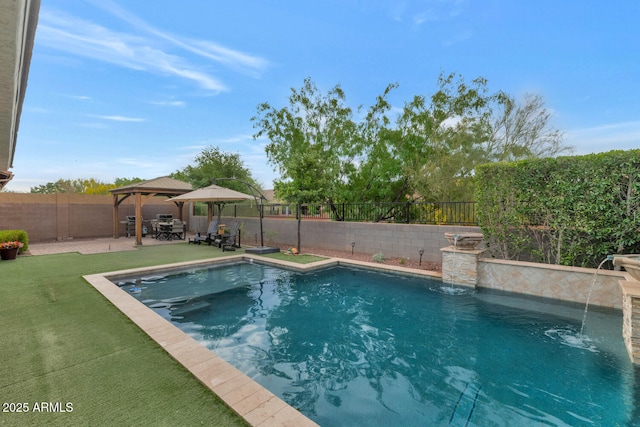 2605 W Desert Marigold Dr, Phoenix, AZ 85085 - view of swimming pool with a patio area, a gazebo, a lawn, a fenced backyard, and a fenced in pool