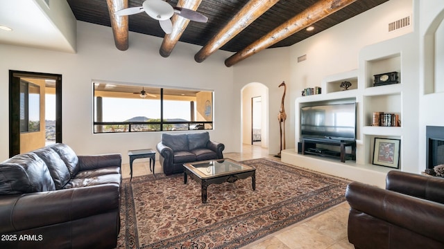 3168 S Yaqui Ln, Gold Canyon, AZ 85118 - living room featuring wood ceiling, ceiling fan, beam ceiling, and built in features