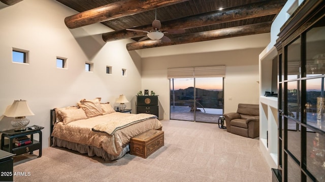 3168 S Yaqui Ln, Gold Canyon, AZ 85118 - bedroom with wooden ceiling, a towering ceiling, beamed ceiling, light colored carpet, and access to exterior