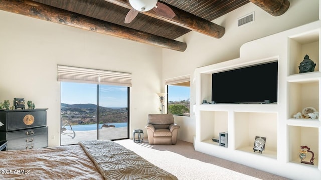 3168 S Yaqui Ln, Gold Canyon, AZ 85118 - carpeted bedroom featuring access to outside, wooden ceiling, and beam ceiling