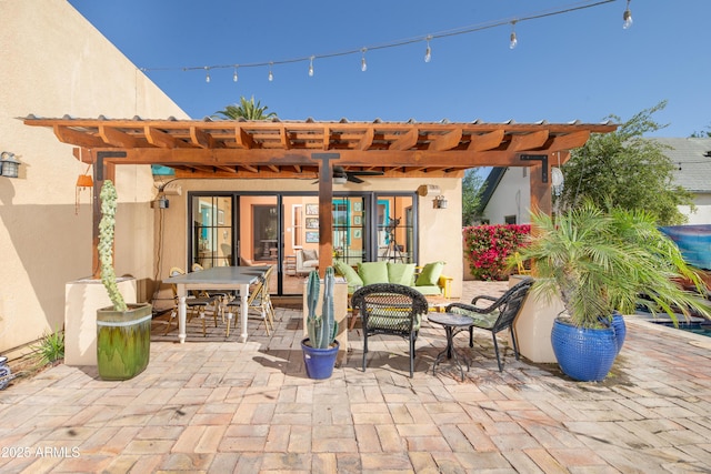 39 E Hoover Ave, Phoenix, AZ 85004 - view of patio with an outdoor hangout area, a pergola, ceiling fan, and outdoor dining space
