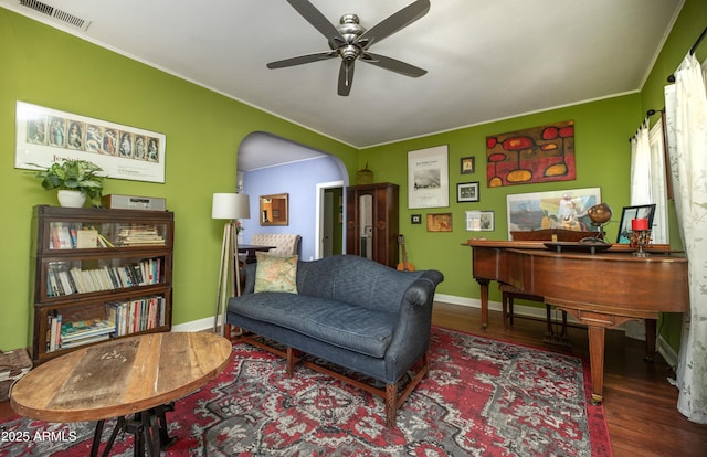 39 E Hoover Ave, Phoenix, AZ 85004 - living area featuring ceiling fan, visible vents, ornamental molding, and wood finished floors
