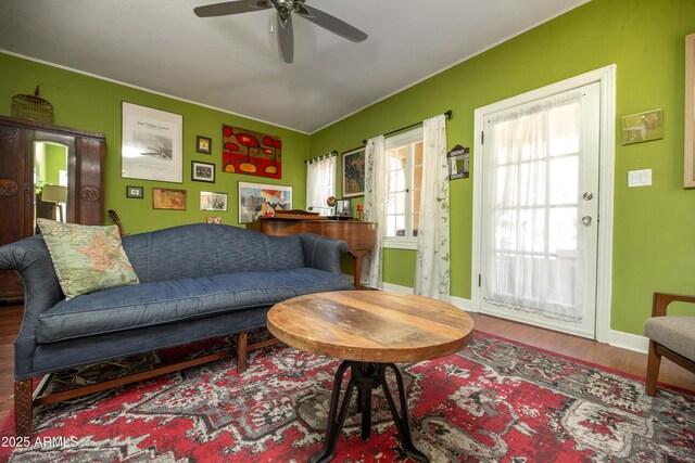 39 E Hoover Ave, Phoenix, AZ 85004 - living area with crown molding, baseboards, ceiling fan, and wood finished floors