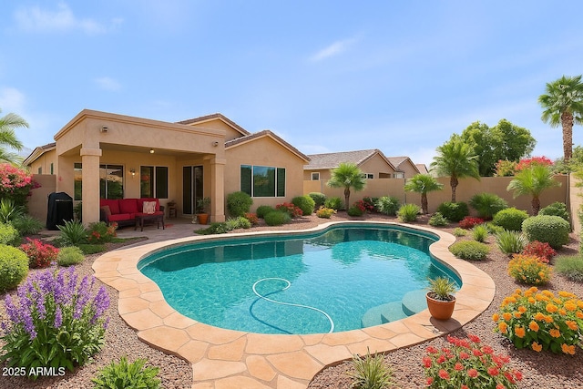 1819 W Deer Creek Rd, Phoenix, AZ 85045 - view of swimming pool with outdoor lounge area, a fenced backyard, and a patio