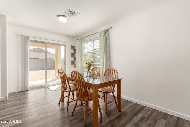 dining room featuring dark wood-style flooring, visible vents, and baseboards