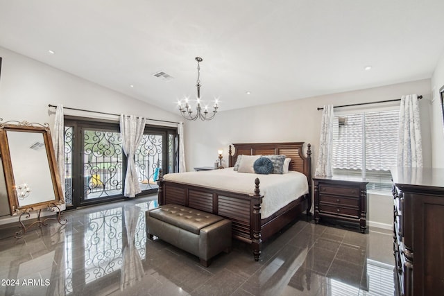 bedroom featuring a chandelier, access to outside, and lofted ceiling