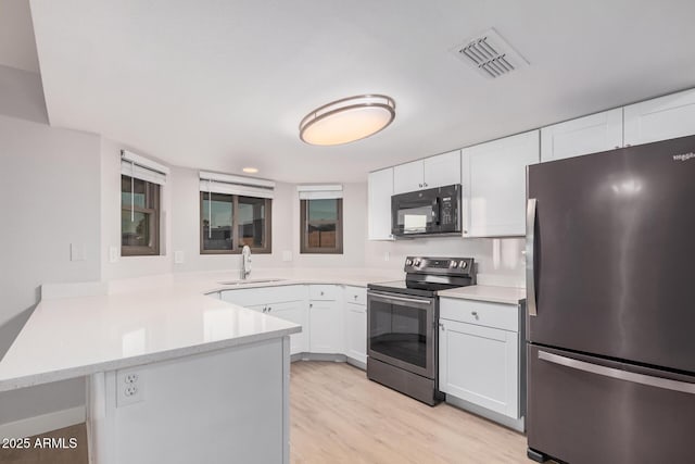 kitchen with stainless steel appliances, a sink, a peninsula, white cabinets, and light wood-style floors